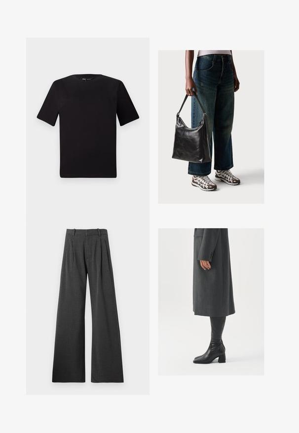 Zwarte T-shirt met korte mouwen en een ronde hals, gemaakt van zachte katoenstof. Eenvoudig ontwerp, geen zichtbare logo's of patronen.; Zwart-witte houndstooth wijde broek met voorplooien. Gemaakt van een gestructureerde stof, met een op maat gemaakte tailleband en zakken.; Grijze, op maat gemaakte overjas met een rechte snit; gecombineerd met kniehoge zwarte leren laarzen met een vierkante neus en chunkyerand.; Zwarte leren schoudertas met een gladde textuur en een verstelbare strap, gecombineerd met vervaagde wijde jeans en sportieve sneakers.