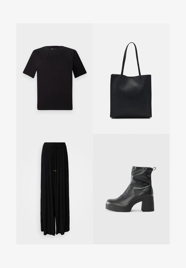 Crna majica kratkih rukava s okruglim izrezom, izrađena od mekane pamučne tkanine. Jednostavan dizajn, bez vidljivih logotipa ili uzoraka.; Crne hlače širokih nogavica izrađene od laganog materijala. Imaju struk s vezicom i dva zlatna detalja. Teksturirani dizajn s naborima.; Crne gležnjače od glatke kože, s bočnim zatvaračem, debelim teksturiranim potplatom i dizajnom s zaobljenim prstima.; Crna kožna torba za nošenje s glatkom teksturom, pravokutnim oblikom i dvije duge ručke. Nema vidljivih metalnih dijelova ili ukrasa.