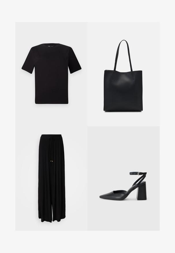 Melnas īsām piedurknēm T-krekls ar apaļu kakla izgriezumu, izgatavots no mīksta kokvilnas auduma. Vienkāršs dizains, bez redzamām logo vai rakstiem.; Melni, platā kāju bikses, izgatavotas no plūstoša auduma. Iezīmējas ar sašaurināmu jostu un divām zelta akcentiem. Tekstūrēts dizains ar krokām.; Melna ādas augstpapēžu kurpe ar norakstīto purngala formu, potītes siksniņu un masīlu papēdi. Gluda tekstūra, elegants dizains un minimālisma estētika.; Melnas ādas somiņa ar gludu tekstūru, taisnstūra formu un divām garām rokturiem. Nav redzamu aparatūras vai rotājumu.