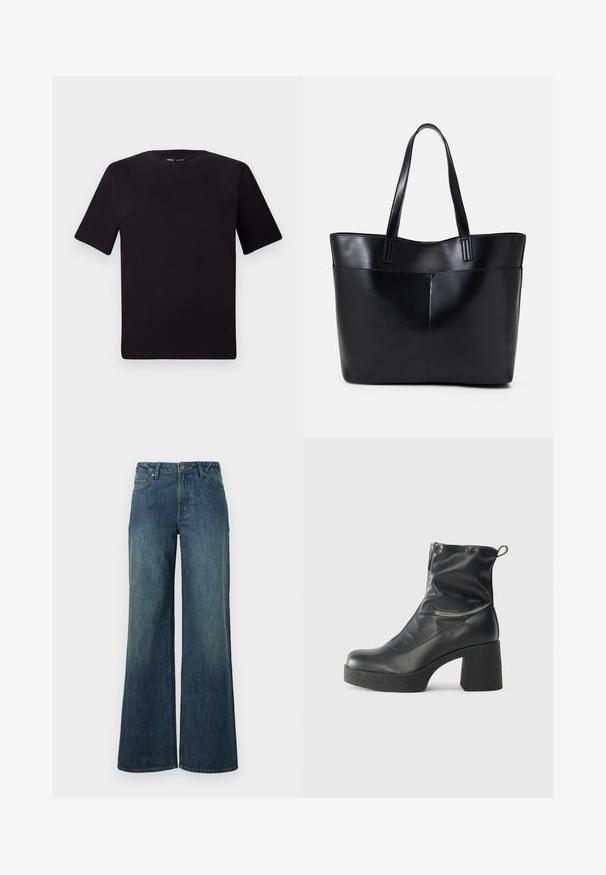 Black short-sleeve t-shirt with a round neckline, crafted from soft cotton fabric. Simple design, no visible logos or patterns.; Wide-leg jeans in dark blue denim with a faded wash. Features five pockets, belt loops, and a zip fly with button closure.; Black ankle boots made of smooth leather, featuring a side zipper, chunky textured heel, and rounded toe design.; Black leather tote bag with two long handles, a smooth texture, and a structured shape. Features a front pocket for additional storage.