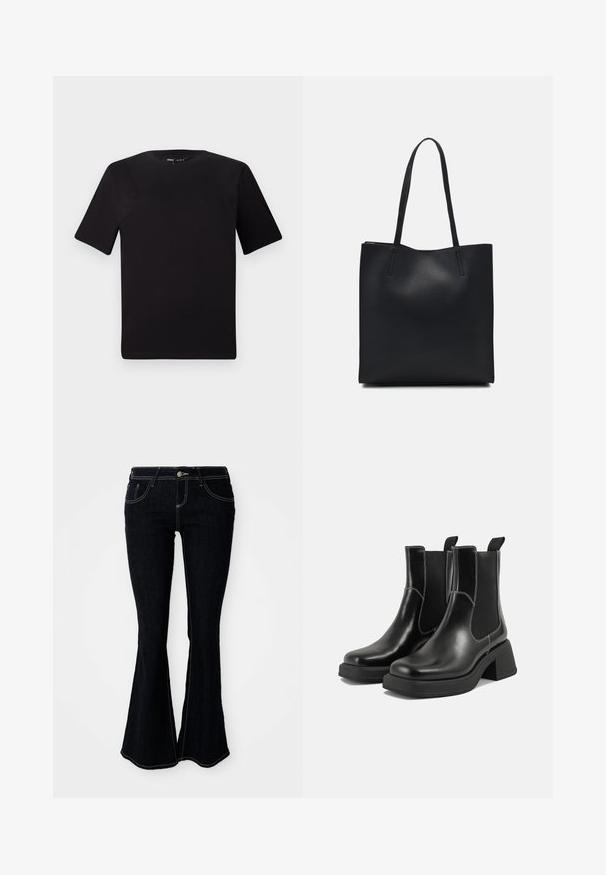 Crna majica kratkih rukava s okruglim izrezom, izrađena od mekane pamučne tkanine. Jednostavan dizajn, bez vidljivih logotipa ili uzoraka.; Jeans s flared nogavicama, tamnog pranja, s visokim strukom, prednjim i stražnjim džepovima te kontrastnim žutim šavovima.; Crne kožne Chelsea čizme s debelim potplatom, elastičnim bočnim panelima i kontrastnim bijelim šavovima. Teksturirana površina.; Crna kožna torba za nošenje s glatkom teksturom, pravokutnim oblikom i dvije duge ručke. Nema vidljivih metalnih dijelova ili ukrasa.