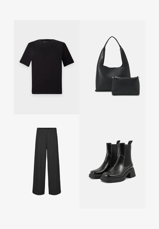 Zwarte T-shirt met korte mouwen en een ronde hals, gemaakt van zachte katoenstof. Eenvoudig ontwerp, geen zichtbare logo's of patronen.; Zwarte wijde broek met verticale witte streepjes, met een op maat gemaakte pasvorm en een gladde textuur. Geen zichtbare zakken of hardware.; Zwarte leren Chelsea-boots met een chunky hak, elastische zijpanelen en contrasterende witte stiksels. Gestructureerde afwerking.; Even&Odd Handtas - black