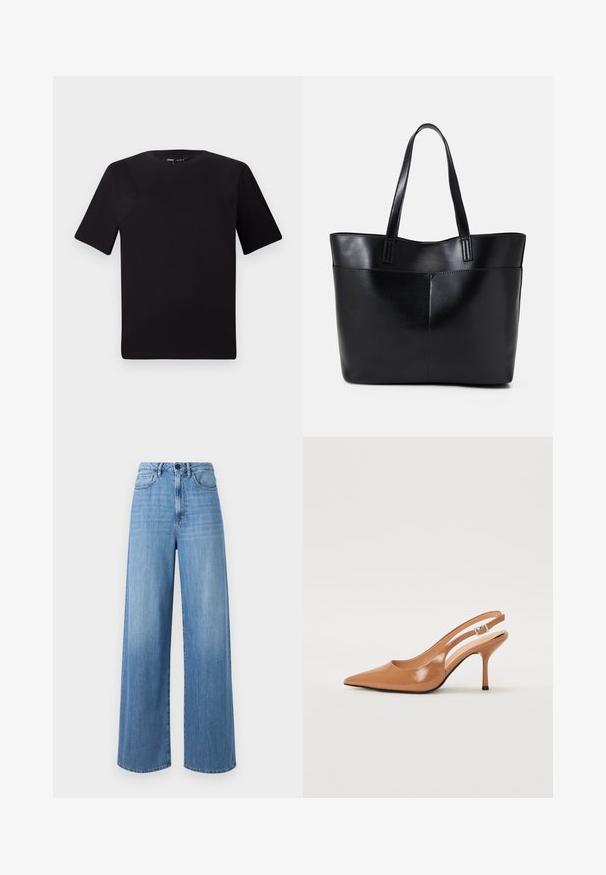 Svart t-skjorte med korte ermer og rund hals, laget av mykt bomullsstoff. Enkelt design, ingen synlige logoer eller mønstre.; Lys blå vidbukser laget av denim, med høy midje, beltestropper, frontlommer og kontraststing.; Spiss tå slingback hæl i et glat, glinsende brunt materiale. Har et buet utskårent design og en slank stilett hæl. Sølvspenne detalj.; Svart lær toteveske med to lange håndtak, en glatt tekstur og en strukturert form. Har en frontlomme for ekstra oppbevaring.