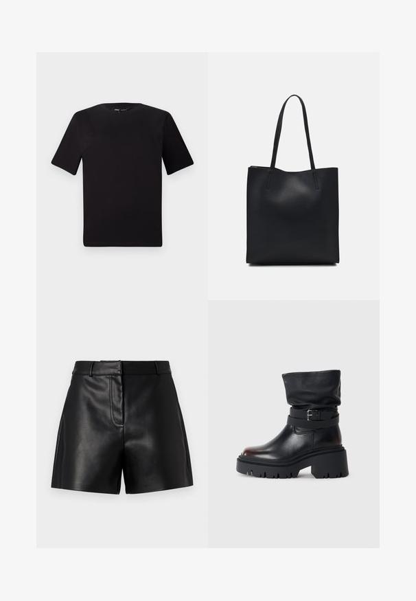 Zwarte T-shirt met korte mouwen en een ronde hals, gemaakt van zachte katoenstof. Eenvoudig ontwerp, geen zichtbare logo's of patronen.; Zwarte leren shorts met een gladde textuur, voorzien van een aansluitende tailleband, voorkantnaaddetail en zijsplitten voor extra stijl.; Zwarte leren enkelboot met een slappe schacht, gespsluiting en een dikke, robuuste zool. Beschikt over een ronde neus en een gladde textuur.; Zwarte leren handtas met een gladde textuur, rechthoekige vorm en twee lange handvaten. Geen zichtbare hardware of versieringen.