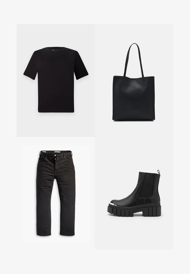 Camiseta negra de manga corta con cuello redondo, fabricada en suave algodón. Diseño simple, sin logos ni patrones visibles.; Pantalones vaqueros de mezclilla negra con un diseño de pierna recta, que cuentan con un cierre de botón, cinco bolsillos y un sutil detalle de costura. Textura suave.; Botas negras de tobillo hechas de piel suave con paneles elásticos, una suela gruesa tipo plataforma y una puntera metálica.; Bolso tote de cuero negro con textura lisa, forma rectangular y dos asas largas. Sin herrajes ni adornos visibles.