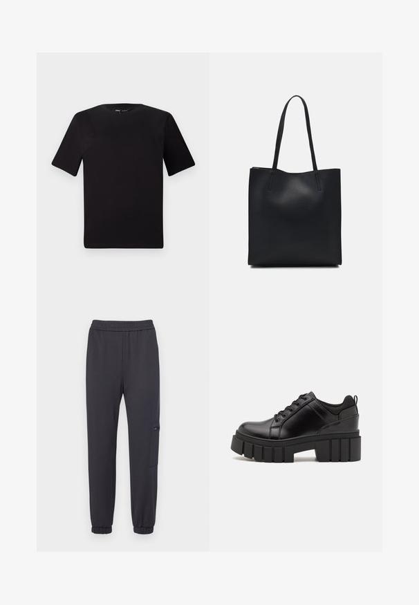 Črna majica s kratkimi rokavi in okroglim izrezom, izdelana iz mehkega bombažnega materiala. Preprost dizajn, brez vidnih logotipov ali vzorcev.; Temno sivi trenirki z elastičnim pasom, zoženimi hlačnicami in stranskim žepom z zadrgo. Mehka tkanina in rebrasti manšeti.; Črne usnjene platforme z debelim blokastim petam, okroglo konico in klasičnim vezanjem. Imajo gladko teksturo in minimalne podrobnosti.; Črna usnjena torba s svilnato teksturo, pravokotne oblike in dvema dolgima ročajema. Brez vidnih metalnih delov ali okrasnih elementov.