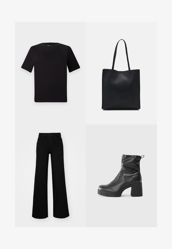 Juodas trumpas rankovės marškinėlis su apvaliu iškirpimu, pagamintas iš minkštos medvilnės medžiagos. Paprastas dizainas, be matomų logotipų ar raštų.; Juodos plačios kelnės iš denimo, turinčios struktūruotą juosmenį, diržo kilpas ir priekines kišenes. Lygus paviršius su klasikinio dizaino elementais.; Juodos kulkšninių botai, pagaminti iš lygaus odos, su šoniniu užtrauktuku, masyviu tekstūruotu kulnu ir apvaliu pirštu.; Juodas odinis tote krepšys su lygia tekstūra, stačiakampio formos ir dviem ilgais rankenomis. Matomų metalinių detalių ar puošybos nėra.