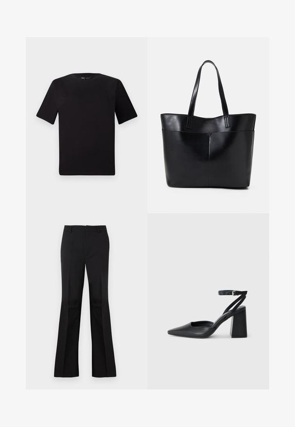 T-shirt noir à manches courtes avec un col rond, fabriqué en coton doux. Design simple, sans logos ni motifs visibles.; Pantalons évasés noirs en tissu lisse, avec un devant plat, des poches latérales et une taille classique avec passants de ceinture.; Escarpin noir en cuir à bout pointu avec une bride de cheville et un talon épais. Texture lisse, design élégant et esthétique minimaliste.; Sac fourre-tout en cuir noir avec deux longues poignées, une texture lisse et une forme structurée. Dispose d'une poche avant pour un rangement supplémentaire.