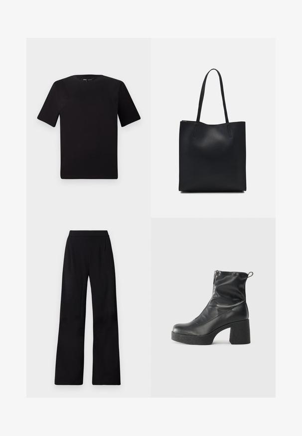 Fekete, rövid ujjú póló, kerek nyakkal, puha pamutból készült. Egyszerű dizájn, nincs látható logó vagy minta.; Fekete, bő szárú nadrág sima, könnyű szövetből. Magas derékpánttal és elülső pliszé részletekkel rendelkezik, amelyek fokozzák a struktúrát.; Fekete bokacsizmák sima bőrből, oldalsó cipzárral, vastag, texturált sarkú és lekerekített orrú dizájnnal.; Fekete bőrtáska sima felszínnel, téglalap alakú, két hosszú füllel. Nincs látható fémkiegészítő vagy díszítés.