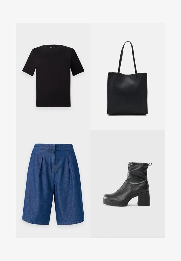 Melnas īsām piedurknēm T-krekls ar apaļu kakla izgriezumu, izgatavots no mīksta kokvilnas auduma. Vienkāršs dizains, bez redzamām logo vai rakstiem.; Tumši zili džinsu šorti ar krokotu dizainu, kas aprīkoti ar jostu, taisnu griezumu un apakšmalu. Gluda tekstūra, ikdienas fit.; Melni potītes zābaki, kas izgatavoti no gludas ādas, ar sānu rāvējslēdzēju, masīvu strukturētu papēdi un noapaļotu purngalu.; Melnas ādas somiņa ar gludu tekstūru, taisnstūra formu un divām garām rokturiem. Nav redzamu aparatūras vai rotājumu.