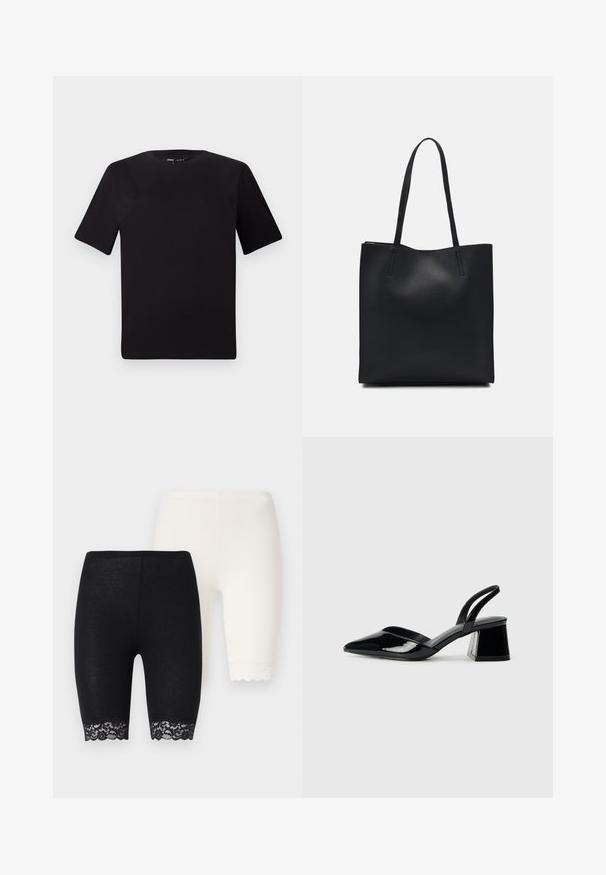 Musta lyhythihainen t-paita pyöreällä kaula-aukolla, valmistettu pehmeästä puuvillakankaasta. Yksinkertainen malli, ei näkyviä logoja tai kuvioita.; Mustat ja valkoiset venyvää materiaalia olevat sortset, joissa on pitsikoristelu helmoissa. Mustassa parissa on kukkakuvioista pitsiä, kun taas valkoisessa parissa on yksivärinen reunus.; Mustat patentoitu nahkakengät, joissa on säären takaosa ja terävä kärki, sekä geometrinen palikkakorko. Sisältää tyylikkään, minimalistisen muotoilun ja sileän pinnan.; Mustapahkainen kangaskassi, jossa on sileä pinta, suorakaiteen muotoinen ja kaksi pitkää kahvaa. Ei näkyvää metalliosaa tai koristeita.