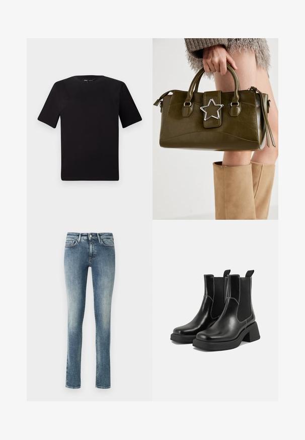Juodas trumpas rankovės marškinėlis su apvaliu iškirpimu, pagamintas iš minkštos medvilnės medžiagos. Paprastas dizainas, be matomų logotipų ar raštų.; Tiesūs džinsai, pagaminti iš džinsinio audinio, šviesiai iki vidutinio mėlyno atspalvio. Yra penki kišeniai, mygtukų užsegimas ir šiek tiek išblukusių vietų ant kojų.; Juodos odinės Chelsea botai su storiu kulnu, elastinėmis šoninėmis panelėmis ir kontrastinga balta siūle. Tekstūruota apdaila.; Alyvuogių žalios spalvos dirbtinės odos rankinė su sidabro žvaigždės akcentu, dviem rankenomis ir užtrauktuko uždarymu. Tekstūruotas paviršius ir struktūrizuota forma.