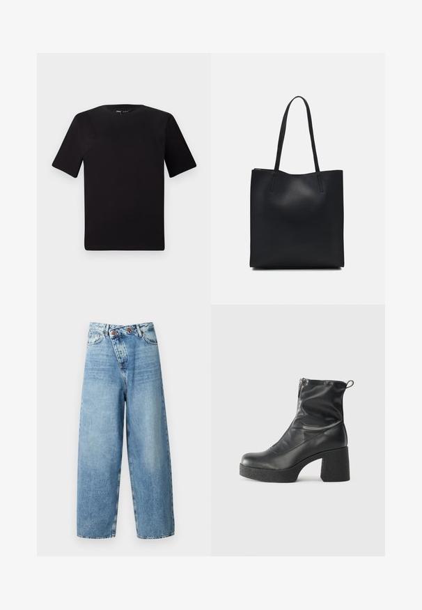 Black short-sleeve t-shirt with a round neckline, crafted from soft cotton fabric. Simple design, no visible logos or patterns.; ONLY ONLECHO WIDE UNEAVEN - Wide Leg - medium blue denim; Black ankle boots made of smooth leather, featuring a side zipper, chunky textured heel, and rounded toe design.; Black leather tote bag with smooth texture, rectangular shape, and two long handles. No visible hardware or embellishments.
