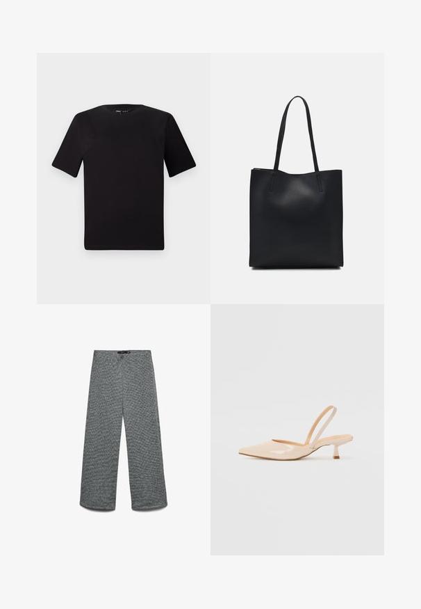 Zwarte T-shirt met korte mouwen en een ronde hals, gemaakt van zachte katoenstof. Eenvoudig ontwerp, geen zichtbare logo's of patronen.; Wijde broekspijpen van een geaderde grijze gebreide stof. Heeft een hoge tailleband en rechte pijpen, die zorgen voor een ontspannen pasvorm.; Beige patenten leren slingback hakken met een spitse neus en een slanke, vierkante hak. Glad textuur en minimalistisch ontwerp zonder versieringen.; Zwarte leren handtas met een gladde textuur, rechthoekige vorm en twee lange handvaten. Geen zichtbare hardware of versieringen.