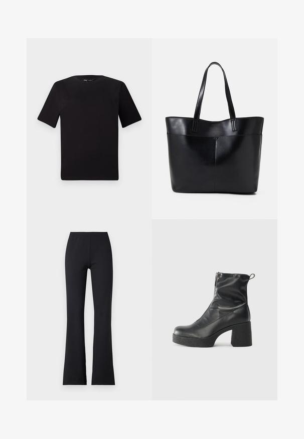 T-shirt noir à manches courtes avec un col rond, fabriqué en coton doux. Design simple, sans logos ni motifs visibles.; Pantalons noirs évasés en tissu extensible avec une taille élastique ; texture lisse, longueur complète et sans motifs ni accents visibles.; Bottes noires à la cheville en cuir lisse, dotées d'une fermeture éclair sur le côté, d'un talon épais texturé et d'une conception à bout rond.; Sac fourre-tout en cuir noir avec deux longues poignées, une texture lisse et une forme structurée. Dispose d'une poche avant pour un rangement supplémentaire.