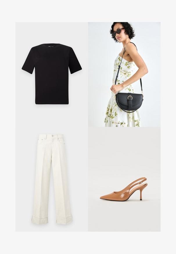 Tricou scurt negru cu mânecă scurtă și guler rotund, realizat dintr-un material de bumbac moale. Design simplu, fără logo-uri sau modele vizibile.; Pantaloni largi crem din bumbac, cu tiv pliat și bucle pentru curea. Concepuți cu două buzunare frontale și închidere cu buton în față.; Pantofii cu toc slingback, cu vârful ascuțit, dintr-un material tan neted și strălucitor. Prezintă un design cu decupaj curbat și un toc subțire stil stiletto. Detaliu cu cataramă argintie.; Geantă din piele neagră, cu o formă curbată, curea detașabilă și accesorii aurii. Geanta are un capac cu un detaliu tip cataramă.