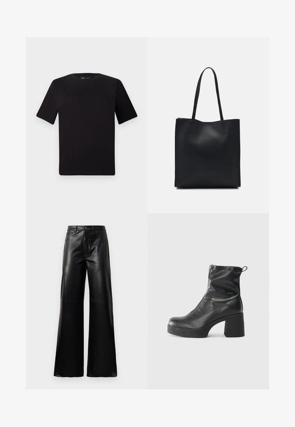 Melnas īsām piedurknēm T-krekls ar apaļu kakla izgriezumu, izgatavots no mīksta kokvilnas auduma. Vienkāršs dizains, bez redzamām logo vai rakstiem.; Melnas augstās jostas platajās kājās sintētiskās ādas bikses ar priekšējo pogu, rāvējslēdzēju, jostas cilpām un sānu kabatām uz baltā fona.; Melni potītes zābaki, kas izgatavoti no gludas ādas, ar sānu rāvējslēdzēju, masīvu strukturētu papēdi un noapaļotu purngalu.; Melnas ādas somiņa ar gludu tekstūru, taisnstūra formu un divām garām rokturiem. Nav redzamu aparatūras vai rotājumu.