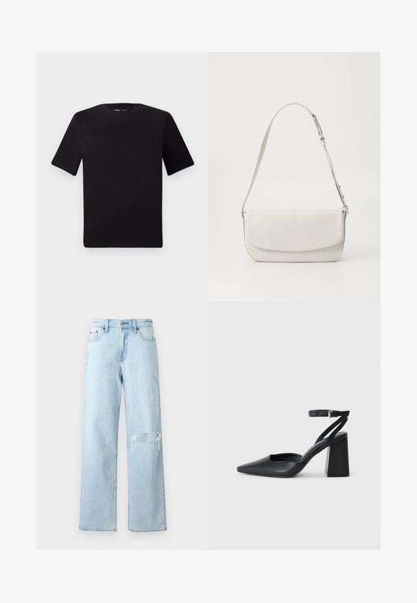 T-shirt noir à manches courtes avec un col rond, fabriqué en coton doux. Design simple, sans logos ni motifs visibles.; Jean en denim bleu clair avec une coupe ample, présentant un genou déchiré et un design classique à cinq poches. Texture lisse, style décontracté.; Escarpin noir en cuir à bout pointu avec une bride de cheville et un talon épais. Texture lisse, design élégant et esthétique minimaliste.; Sac à épaule en cuir blanc avec une finition lisse, de forme rectangulaire, fermeture à rabat et une bandoulière réglable. Détails de couture simples.