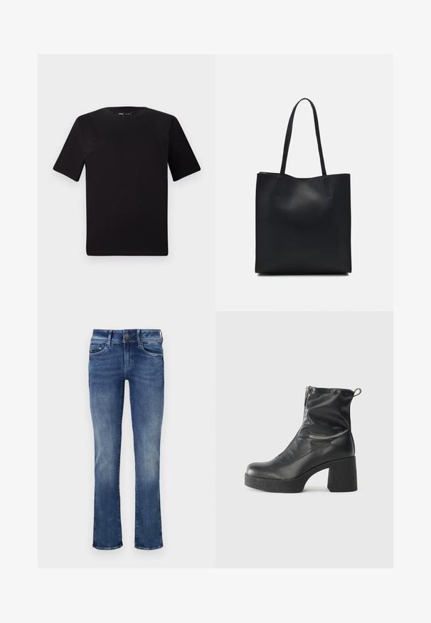 T-shirt preta de mangas curtas com decote redondo, feita de tecido de algodão suave. Design simples, sem logótipos ou padrões visíveis.; Jeans de ganga em azul médio com uma ligeira descoloração. Apresenta um design padrão de cinco bolsos e um fecho com botão e zíper. Corte reto.; Botas de tornozelo pretas feitas de couro liso, com fecho lateral, salto grosso texturizado e design de bico arredondado.; Bolsa tote preta em couro com textura lisa, forma retangular e duas alças longas. Sem hardware ou enfeites visíveis.