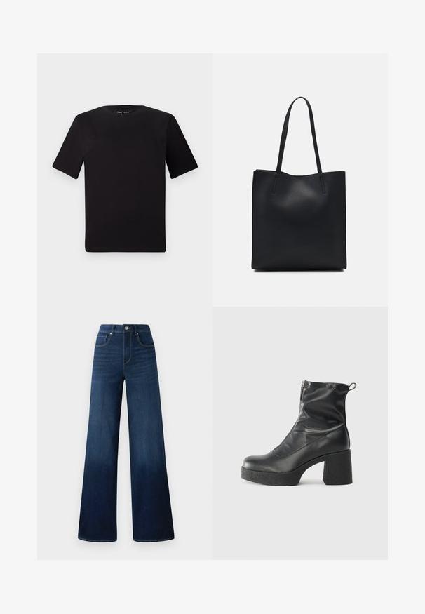 T-shirt preta de mangas curtas com decote redondo, feita de tecido de algodão suave. Design simples, sem logótipos ou padrões visíveis.; Jeans largos de cor azul-escura feitos em denim, com cintura alta, cinco bolsos e costuras em contraste ao longo das costuras.; Botas de tornozelo pretas feitas de couro liso, com fecho lateral, salto grosso texturizado e design de bico arredondado.; Bolsa tote preta em couro com textura lisa, forma retangular e duas alças longas. Sem hardware ou enfeites visíveis.