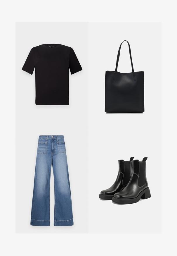 Must olema lühikeste varrukatega must t-särk ümmarguse kaelusega, valmistatud pehmest puuvillast kangast. Lihtne disain, ilma nähtavate logode või mustriteta.; Laiad sinised teksad kõrge vöökohaga, kahe esikoti ja kahe tagakotiga, puhta viimistluse ja peene kulumisega.; Must musta Chelsea saapad, millel on paks konts, elastsed külgpaneelid ja kontrastne valge õmblus. Tekstuuriga viimistlus.; Mustast nahast kott sujuva tekstuuriga, ristkülikukujuline ja kahe pika sangaga. Pole nähtavat riistvara ega kaunistusi.