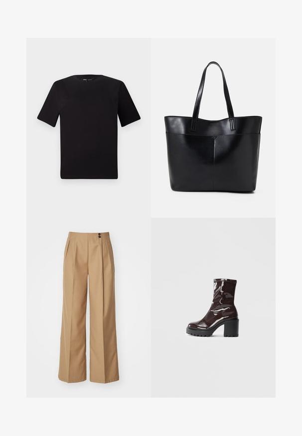 Czarna koszulka z krótkim rękawem o okrągłym dekolcie, wykonana z miękkiej bawełny. Prosty design, bez widocznych logo ani wzorów.; Spodnie o szerokich nogawkach w kolorze tan, z dwoma plisami z przodu, wysokim stanem i dwoma brązowymi guzikami w pasie. Gładka tekstura.; Błyszczące bordowe botki za kostkę z masywną czarną obcasem, charakteryzujące się gładką teksturą i prostym wzornictwem. Brak widocznych zapięć lub wzorów.; Czarna skórzana torba na ramię z dwoma długimi uchwytami, gładką teksturą i sztywną formą. Posiada przednią kieszeń dla dodatkowego przechowywania.