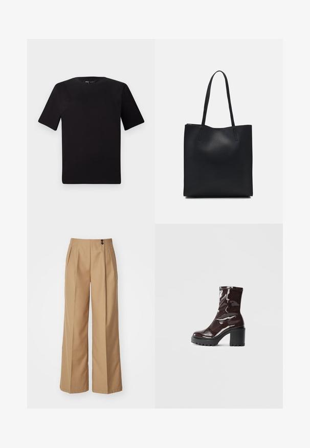 Black short-sleeve t-shirt with a round neckline, crafted from soft cotton fabric. Simple design, no visible logos or patterns.; Wide-leg trousers in a tan fabric, featuring two front pleats, a high waist, and two brown buttons at the waistband. Smooth texture.; Glossy burgundy ankle boot with a chunky black heel, featuring a smooth texture and simple design. No visible fastenings or patterns.; Black leather tote bag with smooth texture, rectangular shape, and two long handles. No visible hardware or embellishments.