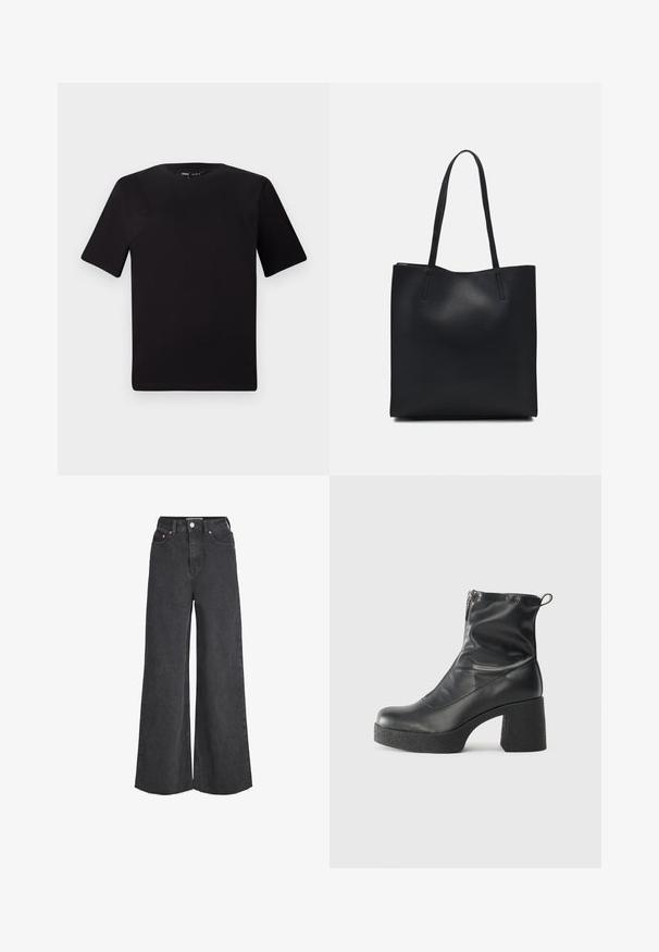 Fekete, rövid ujjú póló, kerek nyakkal, puha pamutból készült. Egyszerű dizájn, nincs látható logó vagy minta.; Magas derekú fekete, bőszárú farmernadrág elülső gombbal és cipzárral, öt zsebbel és nyers széllel.; Fekete bokacsizmák sima bőrből, oldalsó cipzárral, vastag, texturált sarkú és lekerekített orrú dizájnnal.; Fekete bőrtáska sima felszínnel, téglalap alakú, két hosszú füllel. Nincs látható fémkiegészítő vagy díszítés.
