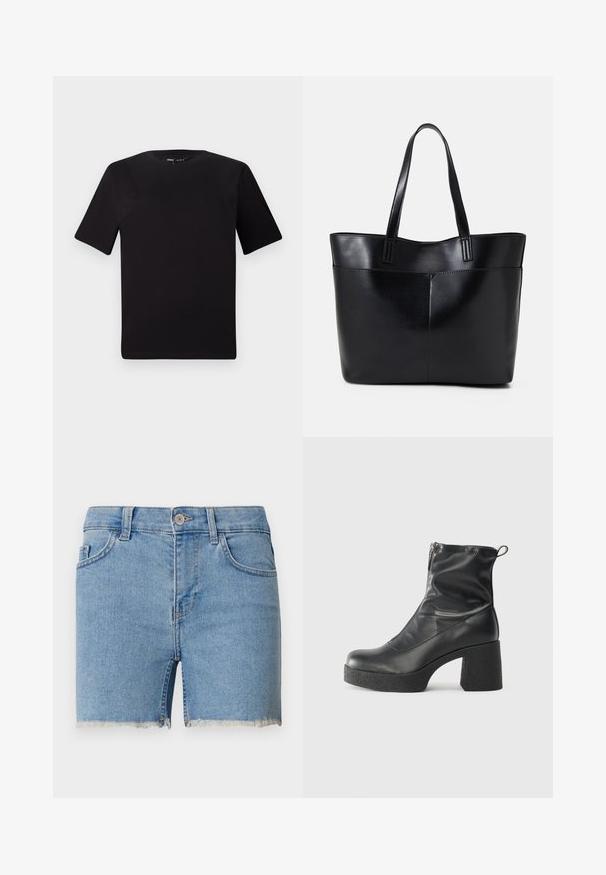 Camiseta negra de manga corta con cuello redondo, fabricada en suave algodón. Diseño simple, sin logos ni patrones visibles.; Shorts de mezclilla en azul claro con dobladillo deshilachado, diseño de cinco bolsillos y pasadores para cinturón. Cierre de botón en la cintura.; Botines negros de tobillo, hechos de cuero suave, con cierre lateral, tacón grueso texturizado y diseño de punta redondeada.; Bolso tote de cuero negro con dos asas largas, textura suave y forma estructurada. Cuenta con un bolsillo frontal para almacenamiento adicional.