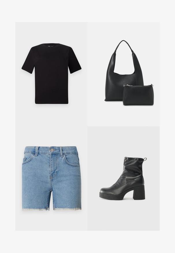 Musta lyhythihainen t-paita pyöreällä kaula-aukolla, valmistettu pehmeästä puuvillakankaasta. Yksinkertainen malli, ei näkyviä logoja tai kuvioita.; Vaaleansiniset farkkushortsit, joissa on repaleinen helma, viiden taskun muotoilu ja vyölenkit. Napituskiristys vyötäröllä.; Mustat nilkkurit, jotka on valmistettu sileästä nahasta. Niissä on sivuvetoketju, paksu teksturoitu korko ja pyöristetty kärki.; Even&Odd Käsilaukku - black