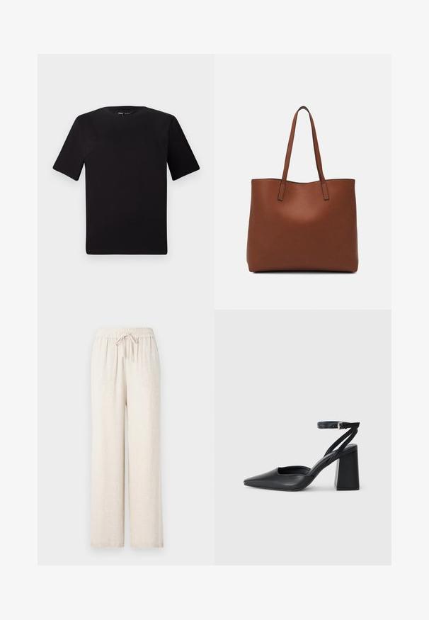 Melnas īsām piedurknēm T-krekls ar apaļu kakla izgriezumu, izgatavots no mīksta kokvilnas auduma. Vienkāršs dizains, bez redzamām logo vai rakstiem.; Gai krēms, plašas kājas bikses, izgatavotas no mīksta, fakturēta materiāla. Aprīkotas ar elastīgu jostu un auklu regulēšanai.; Melna ādas augstpapēžu kurpe ar norakstīto purngala formu, potītes siksniņu un masīlu papēdi. Gluda tekstūra, elegants dizains un minimālisma estētika.; Brūna ādas iepirkumu soma ar gludu tekstūru, atvērta augšdaļa un divas plecu siksnas. Izceļas ar minimālām šuvēm un redzamu aparatūru nav.