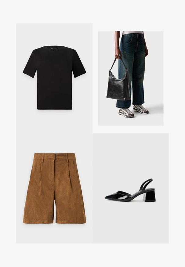 Svart t-skjorte med korte ermer og rund hals, laget av mykt bomullsstoff. Enkelt design, ingen synlige logoer eller mønstre.; Brune semsket shorts med en glatt tekstur, som har frontfalter, en flat livlinje og en rett snitt.; Svarte patentlær slingback hæler med spiss tå og geometrisk blokk hæl. Har et stilrent, minimalistisk design og jevn tekstur.; Sort skinnveske med en glatt tekstur og justerbar stropp, kombinert med falmede vide jeans og atletiske sneakers.
