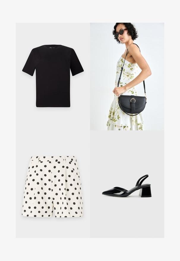 Zwarte T-shirt met korte mouwen en een ronde hals, gemaakt van zachte katoenstof. Eenvoudig ontwerp, geen zichtbare logo's of patronen.; Witte linnen shorts met een zwart stippenpatroon. Bevat plooien en zijzakken. Aansluitend tailleband met een nette afwerking.; Zwarte gepatineerde leren slingback hakken met een spitse neus en een geometrische blokhak. Kenmerkt zich door een slank, minimalistisch ontwerp en een gladde textuur.; Zwarte leren handtas met een gebogen vorm, afneembare schouderband en gouden hardware. De tas heeft een klep met een gespsluiting.