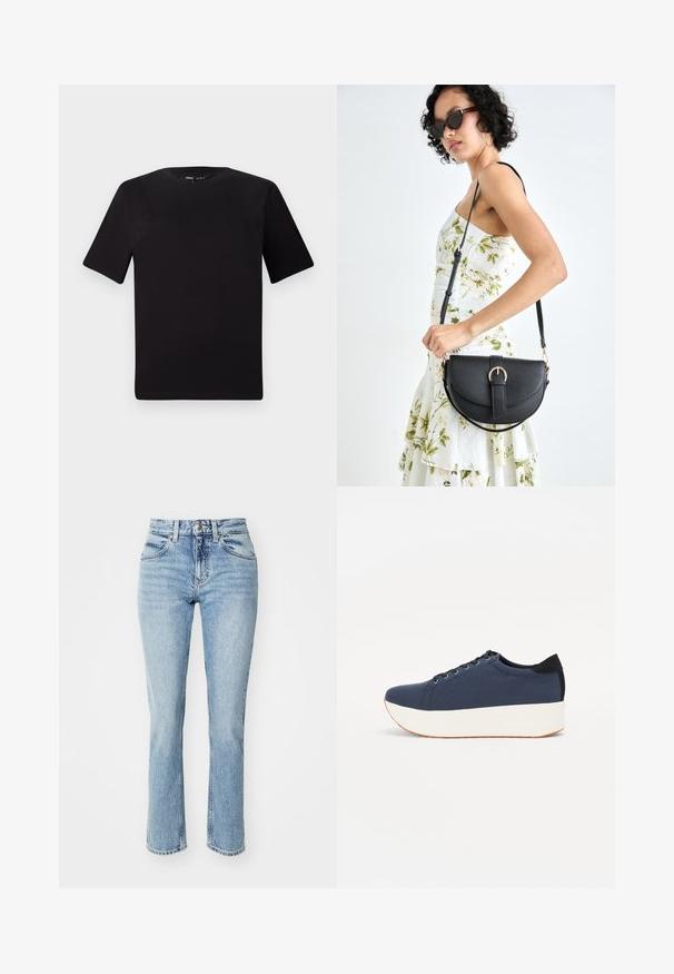 Juodas trumpas rankovės marškinėlis su apvaliu iškirpimu, pagamintas iš minkštos medvilnės medžiagos. Paprastas dizainas, be matomų logotipų ar raštų.; Šviesiai mėlyni džinsai su aukštu liemeniu, tiesiu kojų kirpimu ir subtiliu blukimu. Yra klasikinė penkių kišenių dailė ir mygtuko uždarymas.; Tamsiai mėlynas sportinis batelis su tekstūruotu audiniu viršuje, baltu platformos padu, apvaliu pirštu ir juodu kulno akcentu.š. Yra šešios skylės raišteliams.; Juodas odinis krepšys su išlenkta forma, nuimamu dirželiu ir auksiniais detalėmis. Krepšys turi kilpą su sagtimi.