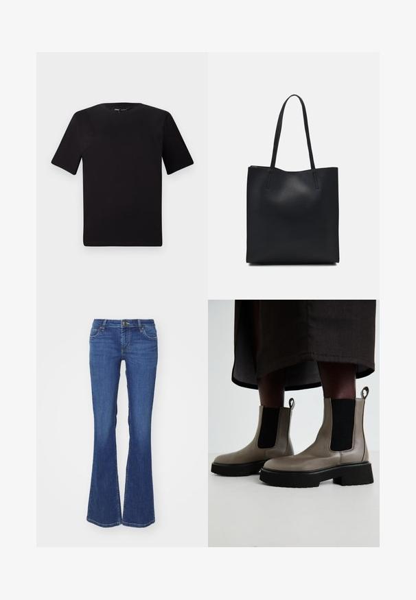 T-shirt noir à manches courtes avec un col rond, fabriqué en coton doux. Design simple, sans logos ni motifs visibles.; Jean denim bleu évasé avec taille standard, présentant des coutures contrastées et un design à cinq poches. Texture lisse, coupe classique.; Bottes chelsea grises en cuir texturé avec des panneaux latéraux élastiques et une semelle épaisse noire. Équipées de languettes pour un enfilage facile.; Sac fourre-tout en cuir noir avec une texture lisse, de forme rectangulaire et deux longues poignées. Pas de matériel ou d'ornementations visibles.