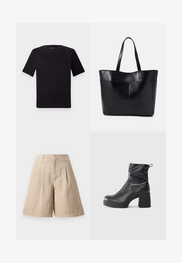 Black short-sleeve t-shirt with a round neckline, crafted from soft cotton fabric. Simple design, no visible logos or patterns.; Beige cotton shorts with pleats, featuring a high waist and straight cut. Smooth texture and tailored design provide a structured look.; Black ankle boots made of smooth leather, featuring a side zipper, chunky textured heel, and rounded toe design.; Black leather tote bag with two long handles, a smooth texture, and a structured shape. Features a front pocket for additional storage.