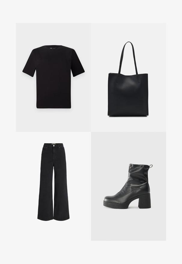 Melnas īsām piedurknēm T-krekls ar apaļu kakla izgriezumu, izgatavots no mīksta kokvilnas auduma. Vienkāršs dizains, bez redzamām logo vai rakstiem.; Platas kājas melnie džinsi ar piecu kabatu dizainu, augsto jostasvietu un pogu aizdari. Iezīmēts ar diskretām šuvēm un tūlītēju apdari.; Melni potītes zābaki, kas izgatavoti no gludas ādas, ar sānu rāvējslēdzēju, masīvu strukturētu papēdi un noapaļotu purngalu.; Melnas ādas somiņa ar gludu tekstūru, taisnstūra formu un divām garām rokturiem. Nav redzamu aparatūras vai rotājumu.