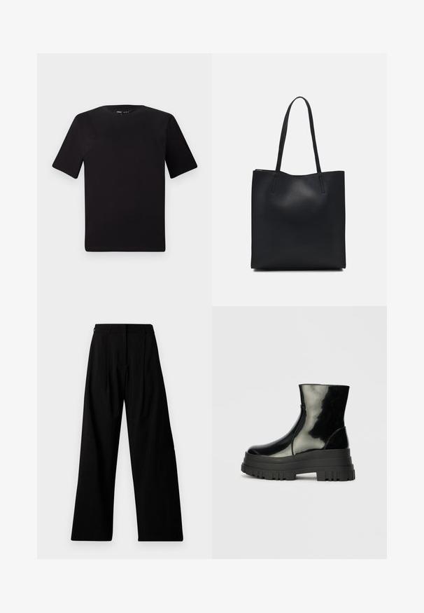 Must olema lühikeste varrukatega must t-särk ümmarguse kaelusega, valmistatud pehmest puuvillast kangast. Lihtne disain, ilma nähtavate logode või mustriteta.; Laiad mustad püksid kõrge vöökohtadega, millel on voldid, peidetud esine sulgemine ja minimaalne bränding vasakul jalal.; Must mustakate läikiv ankle boot paksu lõkkeka üle ja ümarate varvastega, külgvaates halli ühtlase taustal.; Mustast nahast kott sujuva tekstuuriga, ristkülikukujuline ja kahe pika sangaga. Pole nähtavat riistvara ega kaunistusi.