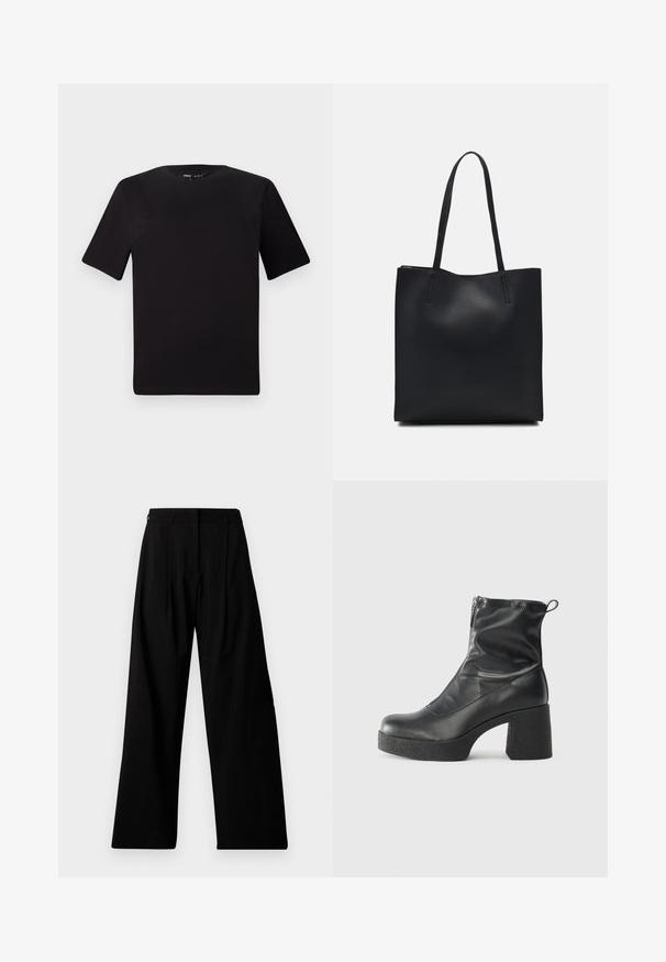 T-shirt noir à manches courtes avec un col rond, fabriqué en coton doux. Design simple, sans logos ni motifs visibles.; Pantalons noirs à jambes larges avec une taille haute, dotés de plis, de fermeture frontale dissimulée et d'un branding minimal sur la jambe gauche.; Bottes noires à la cheville en cuir lisse, dotées d'une fermeture éclair sur le côté, d'un talon épais texturé et d'une conception à bout rond.; Sac fourre-tout en cuir noir avec une texture lisse, de forme rectangulaire et deux longues poignées. Pas de matériel ou d'ornementations visibles.