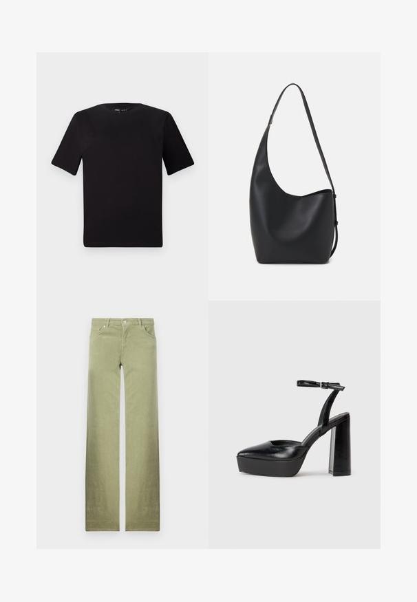 Černé tričko s krátkým rukávem a kulatým výstřihem, vyrobené z měkké bavlněné látky. Jednoduchý design, žádné viditelné logo nebo vzory.; Zelené bavlněné kalhoty se straight leg designem, s předními kapsami, zapínáním na knoflík a čistým, texturovaným povrchem.; Černé platformové podpatky s špičatou špičkou a nastavitelným kotníkovým popruhem. Vyrobeny z hladké kůže, s masivním blokovým podpatkem.; Černá kožená hobo taška s hladkým povrchem, zakřiveným tvarem a jedním nastavitelným popruhem; má široké otevírání nahoře.
