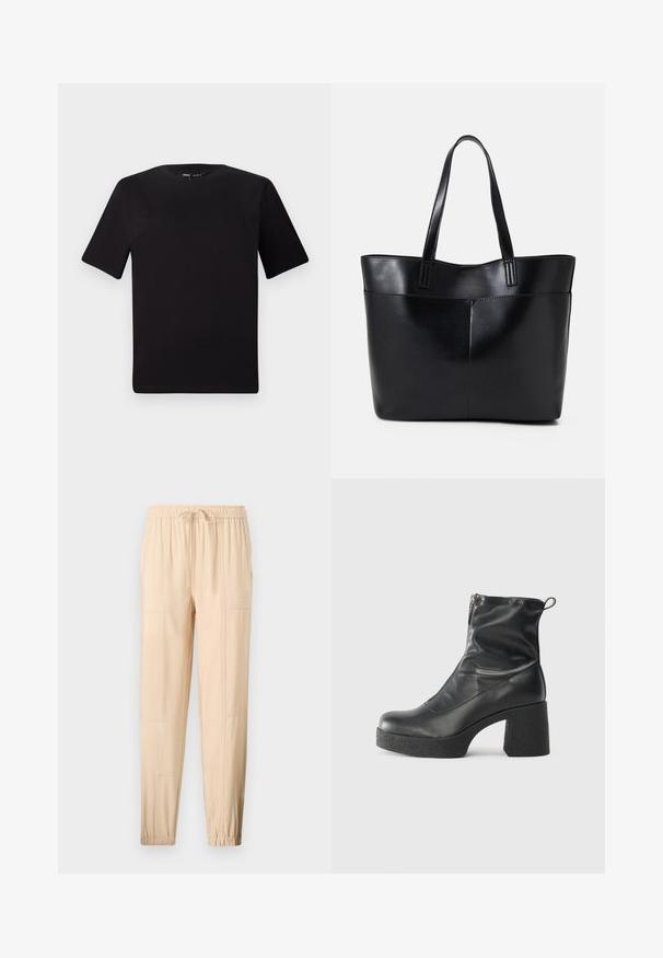 Black short-sleeve t-shirt with a round neckline, crafted from soft cotton fabric. Simple design, no visible logos or patterns.; Beige, lightweight trousers with an elastic waistband, adjustable drawstring, tapered fit, and side pockets; smooth texture and minimal seams.; Black ankle boots made of smooth leather, featuring a side zipper, chunky textured heel, and rounded toe design.; Black leather tote bag with two long handles, a smooth texture, and a structured shape. Features a front pocket for additional storage.