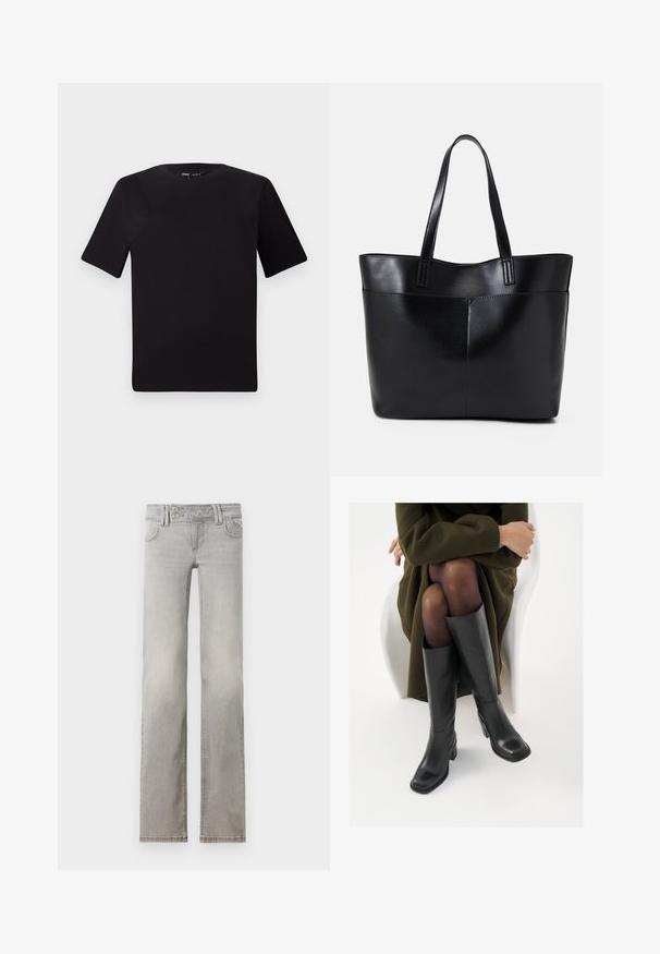 Juodas trumpas rankovės marškinėlis su apvaliu iškirpimu, pagamintas iš minkštos medvilnės medžiagos. Paprastas dizainas, be matomų logotipų ar raštų.; Šviesiai pilki džinsai su tiesiomis kojomis, pagaminti iš denimo. Turintys dvi priekinės kišenes, juosmenį su dviem mygtukais ir matomomis siūlėmis.; Juodos odinės pradžios ilgio bateliai su kvadratu formos nosimi ir bloko kulnu, demonstruojami su modeliu, sėdinčiu alyvuogių žalios spalvos švarku. Lygi tekstūra, minimalus puošimas.; Juoda odinė rankinė su dviem ilgais diržais, lygiu paviršiumi ir struktūrizuota forma. Yra priekinė kišenė papildomam saugojimui.