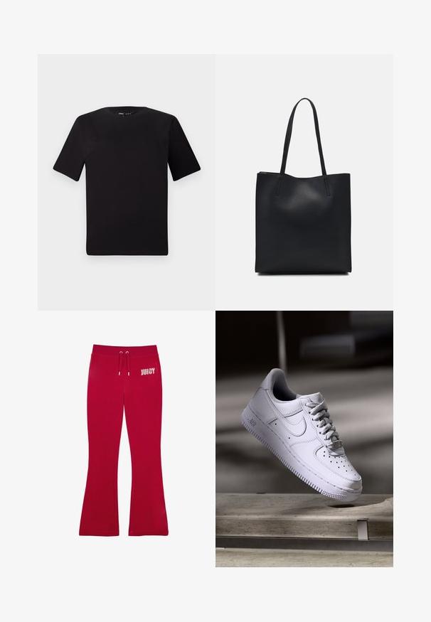 Zwarte T-shirt met korte mouwen en een ronde hals, gemaakt van zachte katoenstof. Eenvoudig ontwerp, geen zichtbare logo's of patronen.; Rode joggingsbroek van zacht materiaal, met een uitlopende vorm, een trekkoord in de taille en de tekst "JUICY" versierd met rhinestones op de linkerheup.; Nike Sportswear AIR FORCE 1 07 - Sneakers laag - white; Zwarte leren handtas met een gladde textuur, rechthoekige vorm en twee lange handvaten. Geen zichtbare hardware of versieringen.
