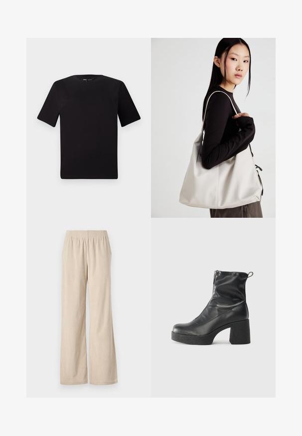 Čierne tričko s krátkym rukávom a okrúhlym výstrihom, vyrobené z mäkkej bavlny. Jednoduchý dizajn, bez viditeľných log alebo vzorov.; Béžové kordové nohavice s širokými nohavicami, elastickým pásom a vertikálnou pruhovanou textúrou, s lemom, ktorý sa na spodnej časti jemne rozširuje.; Čierne členkové topánky z hladkej kože, so bočným zipsom, robustnou textúrovanou pätnou časťou a zaobleným dizajnom špičky.; Béžová kabelka vyrobená z mäkkého materiálu, s uvoľneným dizajnom, prišitými detailmi a dvoma popruhmi na nosenie na pleciach. Vhodná na každodenné nosenie.