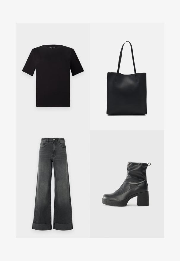 Čierne tričko s krátkym rukávom a okrúhlym výstrihom, vyrobené z mäkkej bavlny. Jednoduchý dizajn, bez viditeľných log alebo vzorov.; Čierne široké nohavice s vysokým pásom a manžetami na spodnej časti, s predným gombíkom a vreckami, vystavené na jednoduchom svetlom pozadí.; Čierne členkové topánky z hladkej kože, so bočným zipsom, robustnou textúrovanou pätnou časťou a zaobleným dizajnom špičky.; Čierna kožená taška na rameno s hladkým povrchom, obdĺžnikovým tvarom a dvoma dlhými uchami. Bez viditeľného kovania alebo ozdôb.