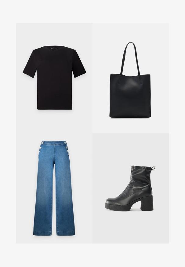 T-shirt preta de mangas curtas com decote redondo, feita de tecido de algodão suave. Design simples, sem logótipos ou padrões visíveis.; Calças de ganga azuis de perna larga com uma cintura alta, detalhes laterais com botões e uma bainha limpa. O tecido tem uma textura suave com ligeira descoloração.; Botas de tornozelo pretas feitas de couro liso, com fecho lateral, salto grosso texturizado e design de bico arredondado.; Bolsa tote preta em couro com textura lisa, forma retangular e duas alças longas. Sem hardware ou enfeites visíveis.