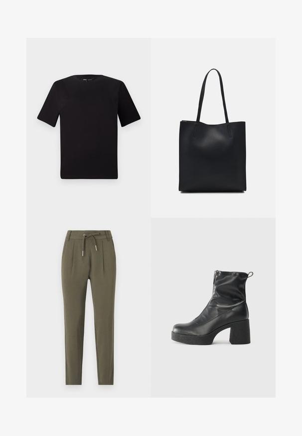 Must olema lühikeste varrukatega must t-särk ümmarguse kaelusega, valmistatud pehmest puuvillast kangast. Lihtne disain, ilma nähtavate logode või mustriteta.; Olivroheline kitsenevate pükste, reguleeritava vöökoha, voldi-detailide ja sileda, kerge kangastekstuuriga.; Mustad mustad ansapüksid, mis on valmistatud siledast nahast, külje zipperiga, paksu tekstuuriga kontsaga ja ümmarguse nina disainiga.; Mustast nahast kott sujuva tekstuuriga, ristkülikukujuline ja kahe pika sangaga. Pole nähtavat riistvara ega kaunistusi.