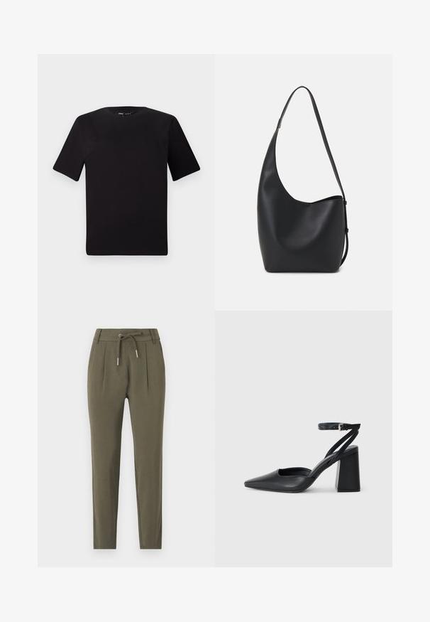 T-shirt nera a maniche corte con scollatura rotonda, realizzata in morbido cotone. Design semplice, senza loghi o motivi visibili.; Pantaloni a sigaretta verde oliva con vita con cordino, dettagli a pieghe e una texture di tessuto leggera e liscia.; Pump in pelle nera con punta affusolata, cinturino alla caviglia e tacco spesso. Texture piatta, design elegante ed estetica minimalista.; Borsa hobo nera in pelle con una superficie liscia, forma curvata e una singola tracolla regolabile; presenta un'ampia apertura nella parte superiore.