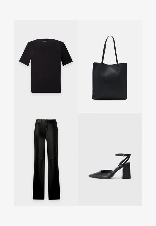 Černé tričko s krátkým rukávem a kulatým výstřihem, vyrobené z měkké bavlněné látky. Jednoduchý design, žádné viditelné logo nebo vzory.; Černé kožené kalhoty se střihem rovného nohavice, s předními kapsami, zapínáním na knoflík a hladkou texturou.; Černé kožené lodičky se špičatou špičkou, kotníkovým páskem a silným podpatkem. Hladká textura, elegantní design a minimalistická estetika.; Černá kožená taška přes rameno s hladkým povrchem, obdélníkovým tvarem a dvěma dlouhými uchy. Žádné viditelné kování ani ozdoby.