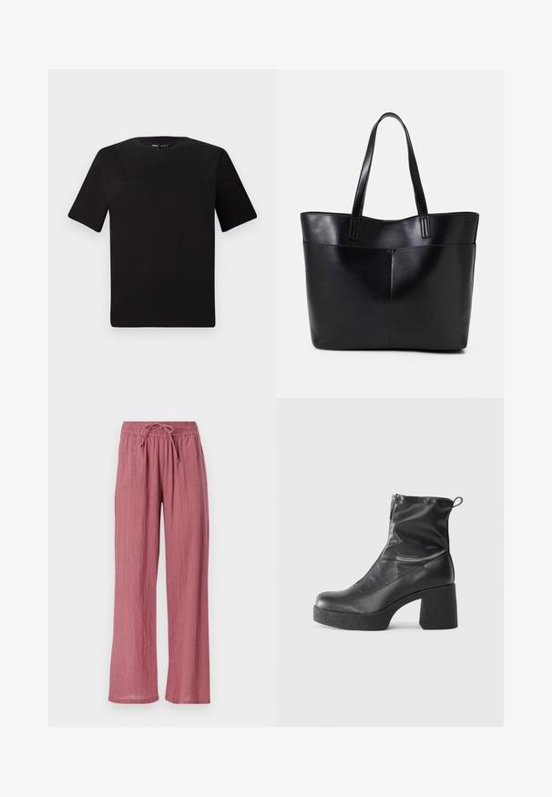 Black short-sleeve t-shirt with a round neckline, crafted from soft cotton fabric. Simple design, no visible logos or patterns.; Lightweight, wide-legged pants in a soft, dusty rose color. Features an elastic waist with a drawstring for adjustability. Textured fabric.; Black ankle boots made of smooth leather, featuring a side zipper, chunky textured heel, and rounded toe design.; Black leather tote bag with two long handles, a smooth texture, and a structured shape. Features a front pocket for additional storage.